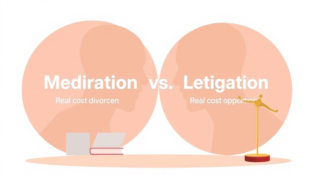Illustration showing key concepts related to mediation vs. litigation: real cost comparison for divorce