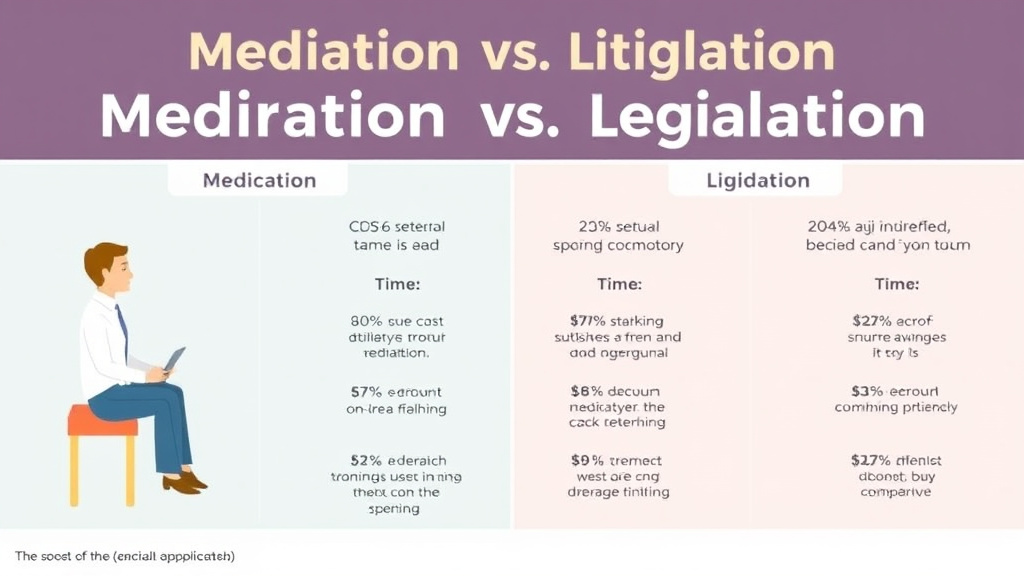 Visual guide for practical steps in mediation vs litigation: cost, time, and outcome comparison