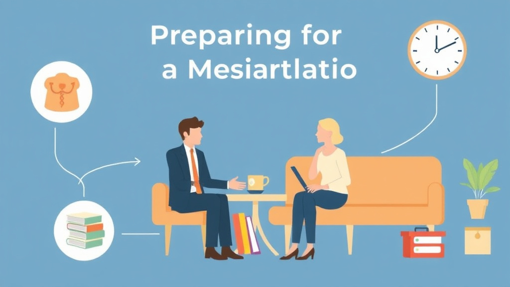 Visual guide for practical steps in preparing for divorce mediation: what to bring and expect