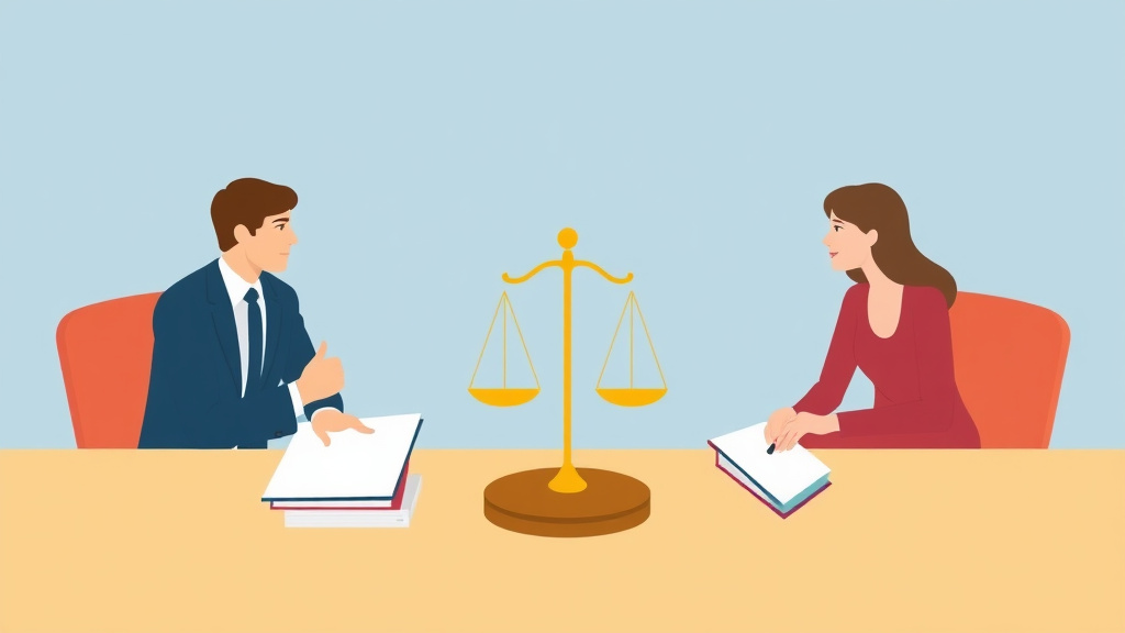 Illustration showing key concepts related to private judging for divorce: pros, cons, and cost