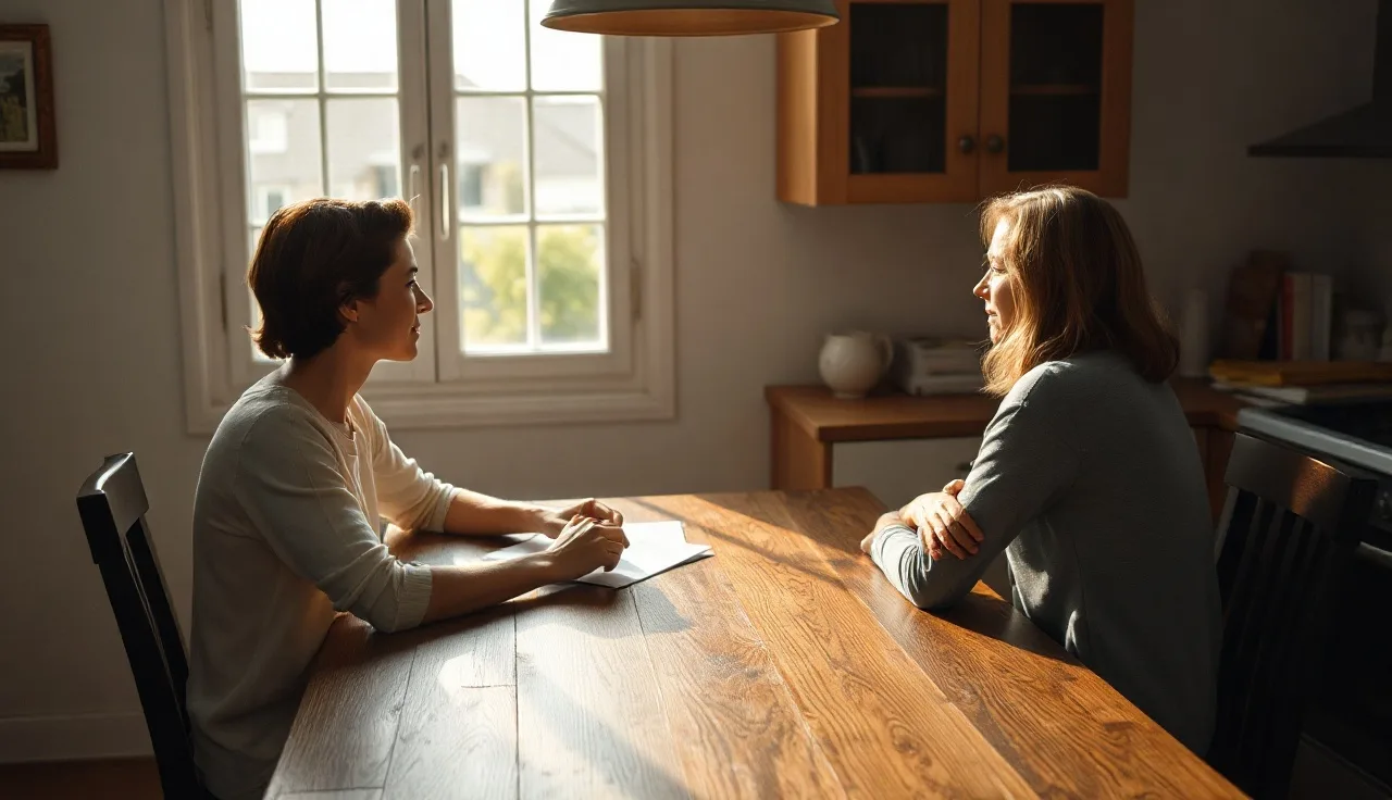 Two people at a kitchen table reviewing documents about spousal support