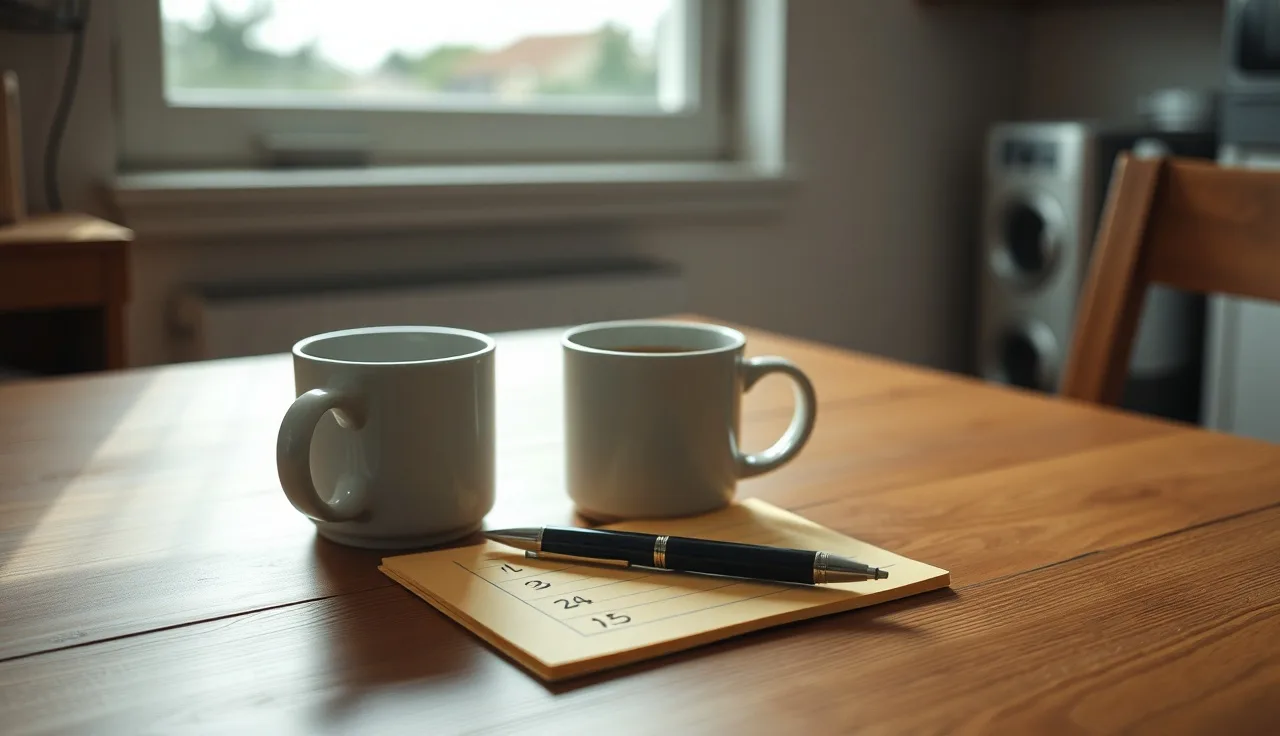 Two coffee mugs and a notepad with handwritten alimony figures on a kitchen table