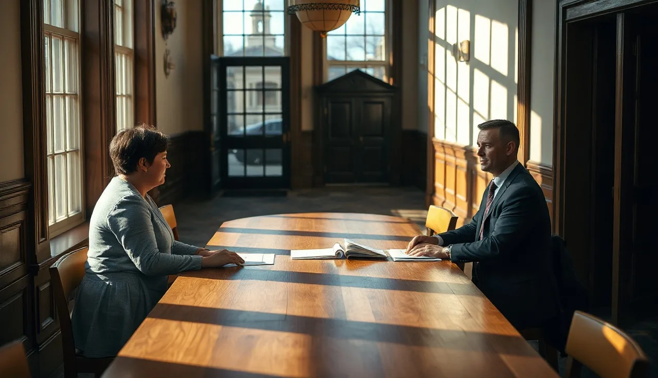 Two people reviewing alimony documents at a courthouse table in Massachusetts