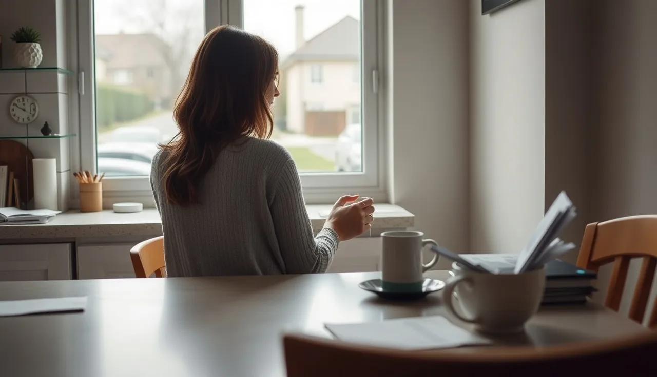 Woman sitting at kitchen table with coffee, looking out window, alimony uncertainty