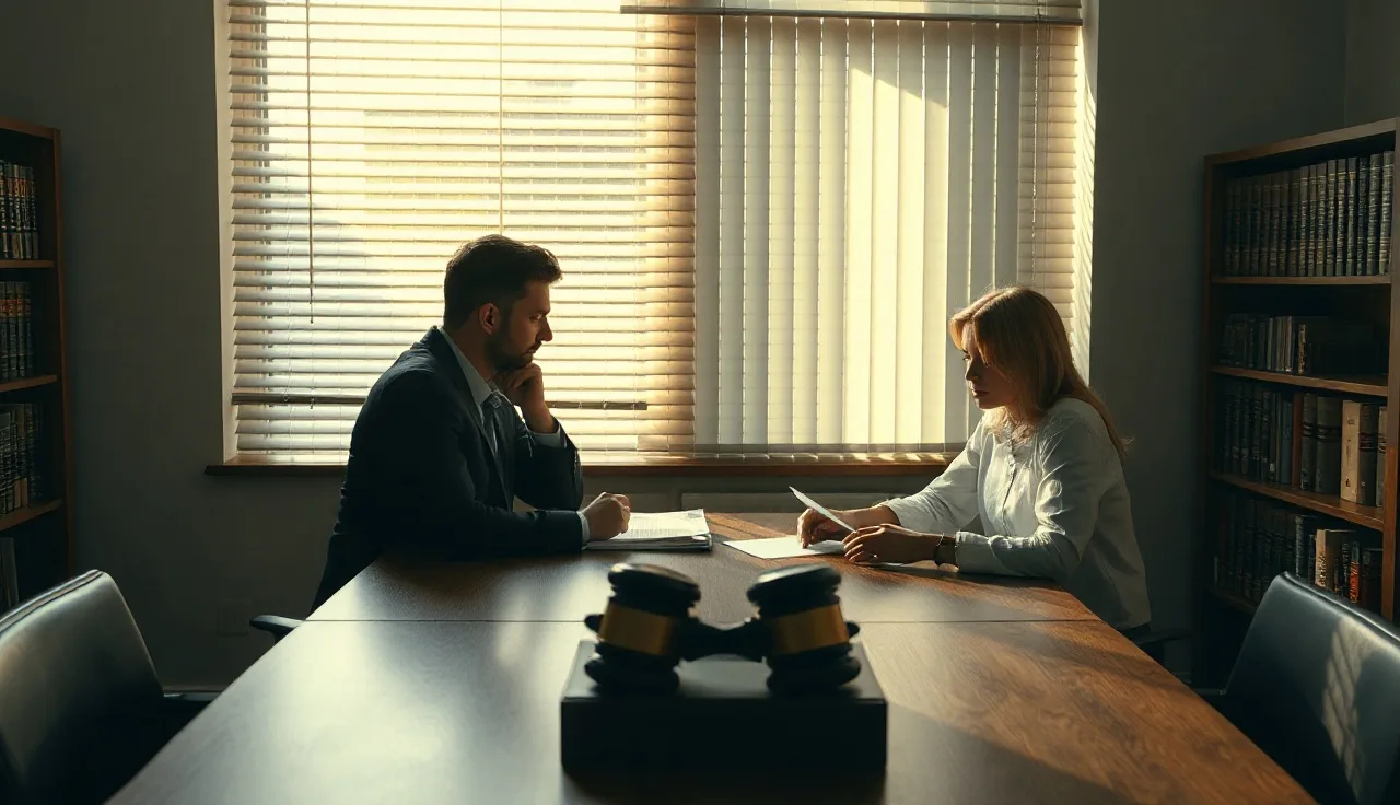Two adults at a table reviewing alimony agreement documents in an office