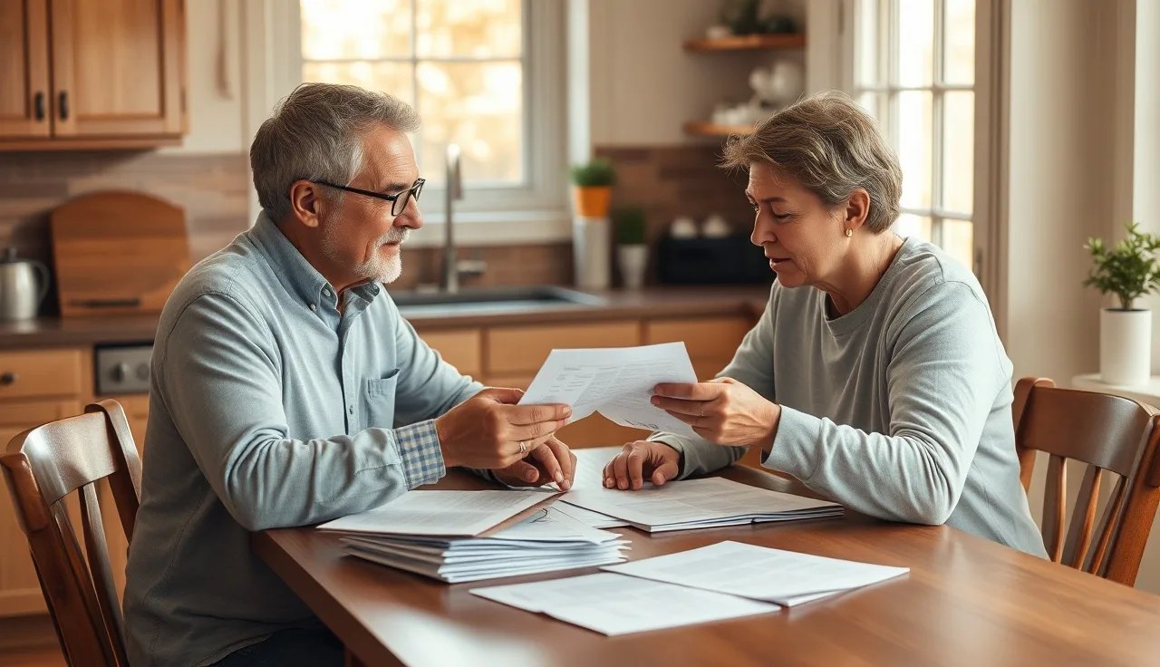 Two adults reviewing maintenance paperwork at a kitchen table in morning light