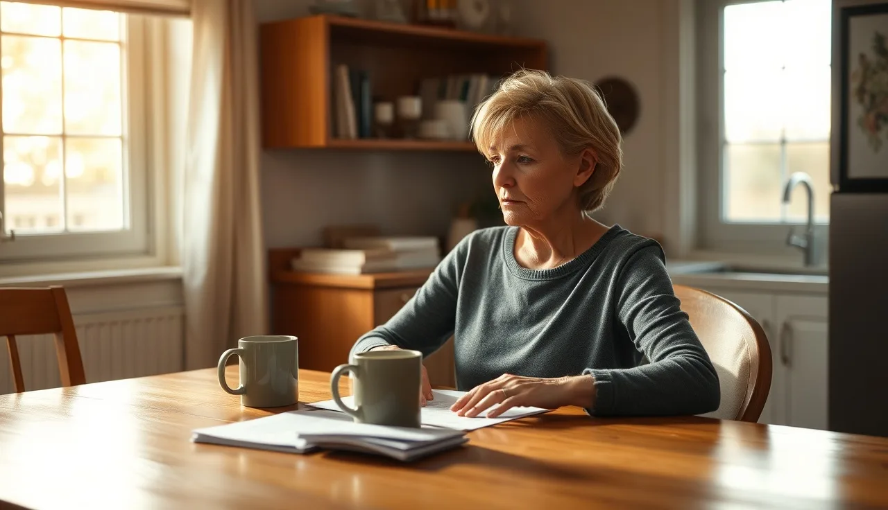 Woman reviewing divorce paperwork at kitchen table, considering alimony in Texas