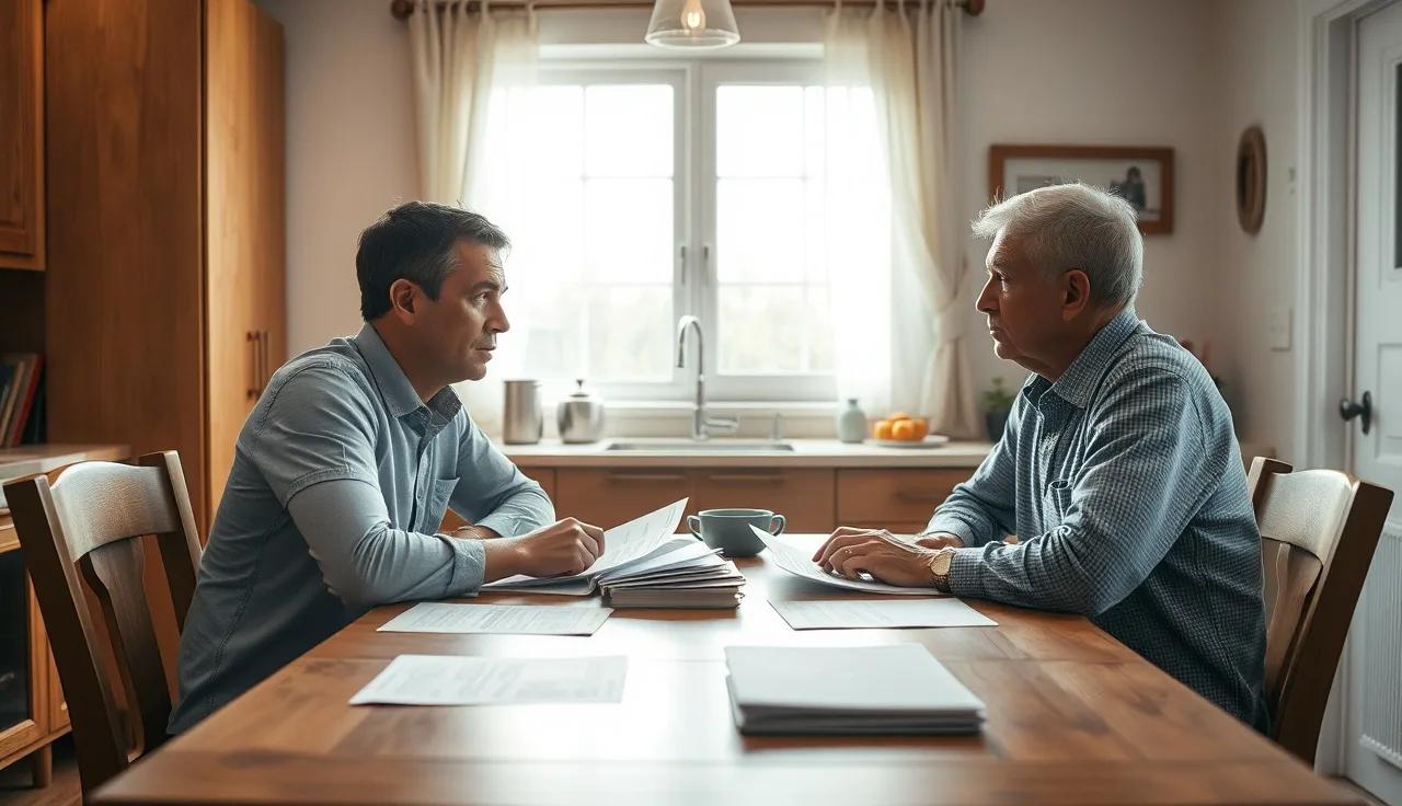 Two adults reviewing alimony agreement documents at a kitchen table in morning light
