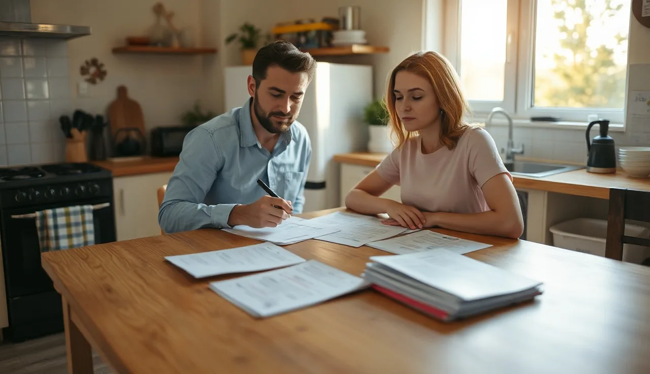 Two people reviewing alimony payment documents at a kitchen table in afternoon light