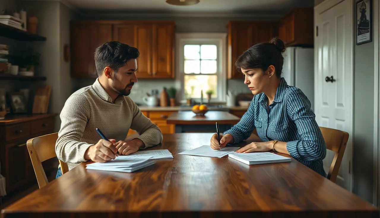 Two adults at a kitchen table reviewing spousal support and alimony documents