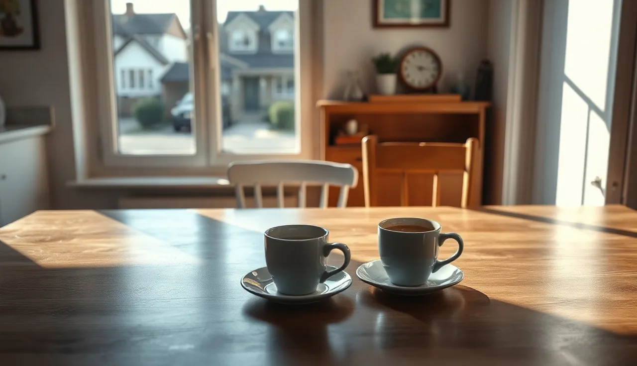 Two coffee cups on a kitchen table with one empty chair, suggesting divorce and alimony