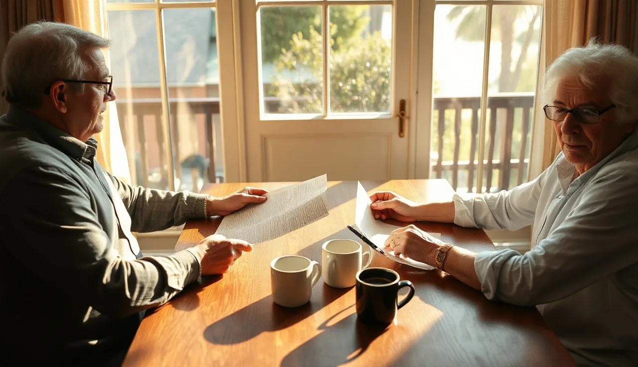 Two adults reviewing an amicable separation agreement at a wooden table