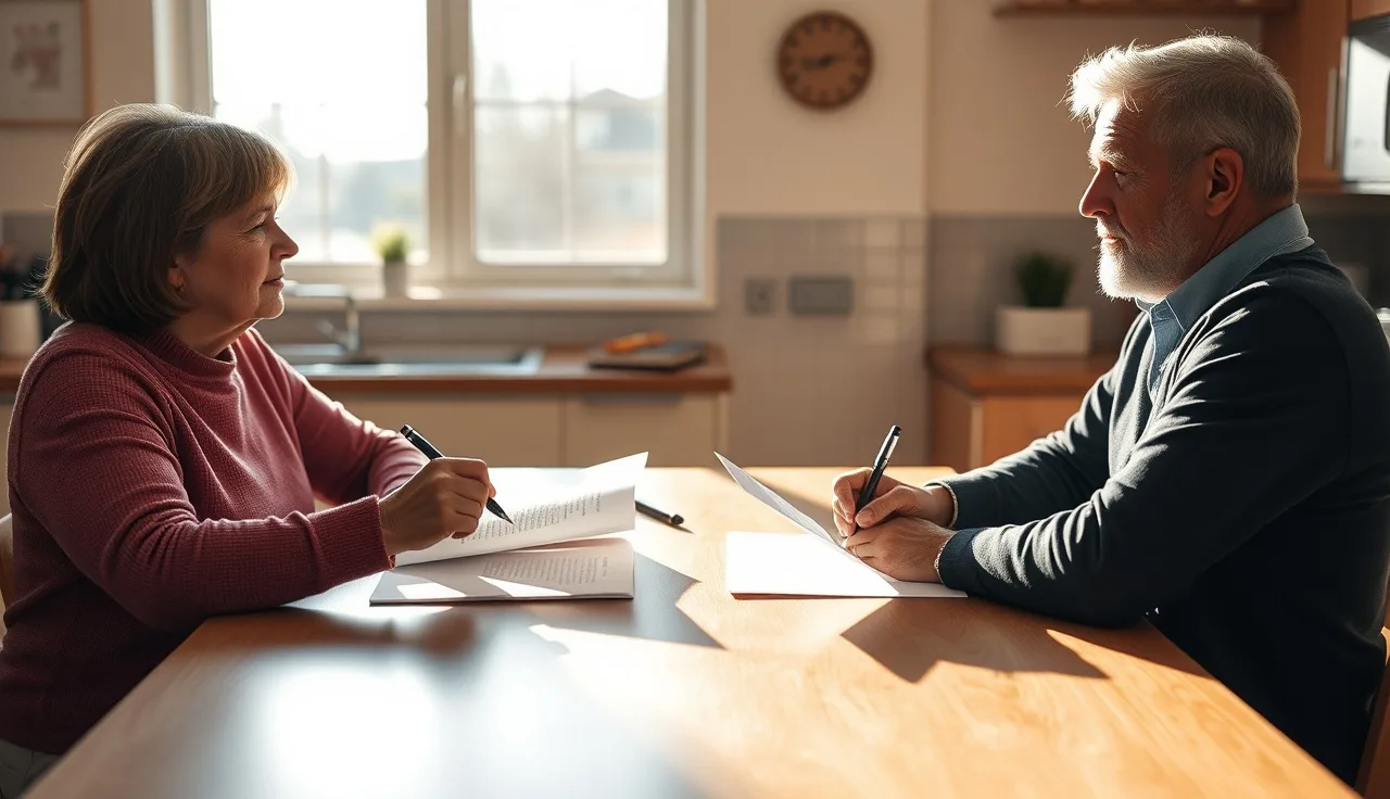Two people reviewing separation agreement paperwork at a kitchen table