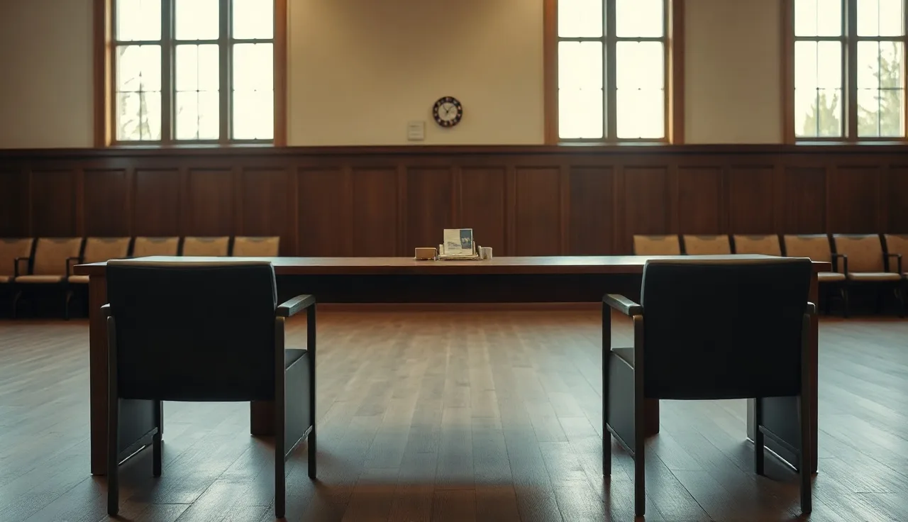 Empty chairs facing each other in a courthouse waiting room, suggesting a divorce discussion