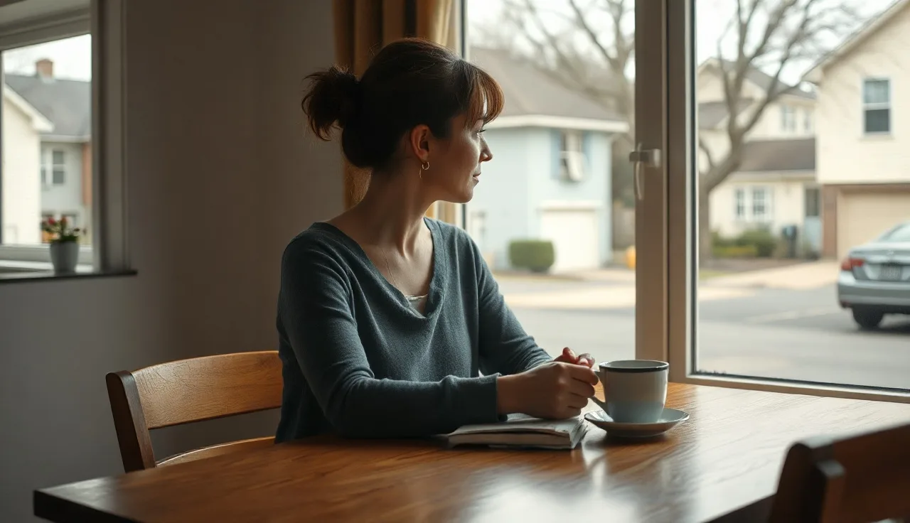 Woman sitting at a kitchen table with coffee, looking out a window during a divorce