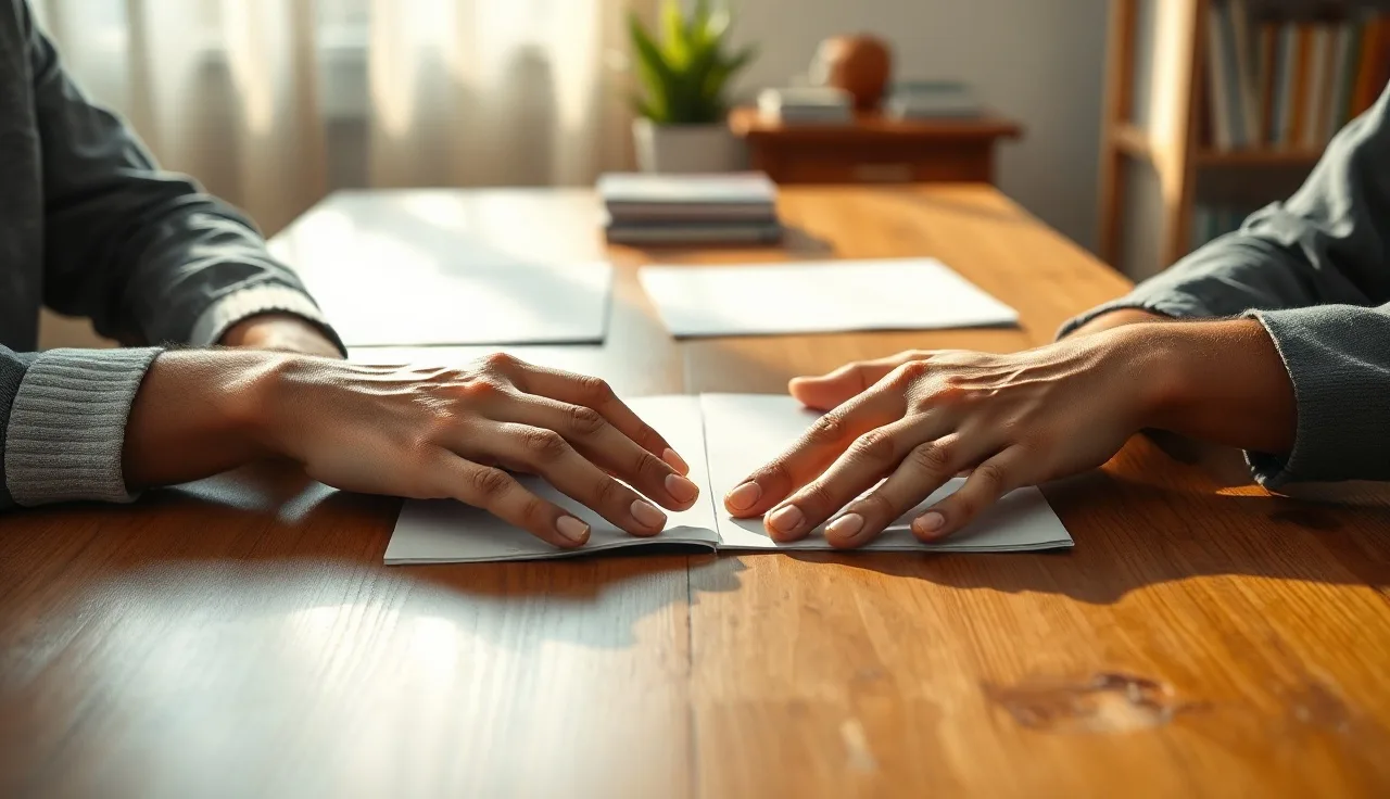 Two people's hands on a wooden table with unsigned divorce documents between them