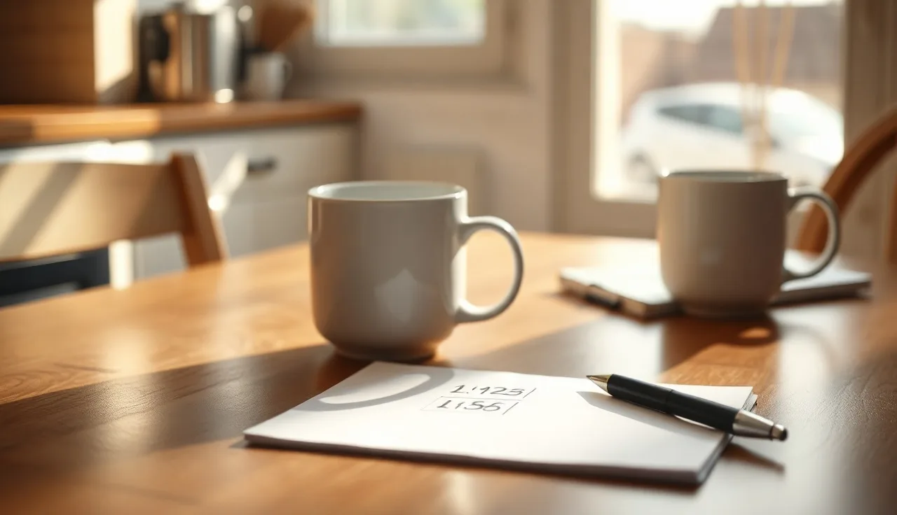 Kitchen table with coffee mugs and notepad showing alimony calculations