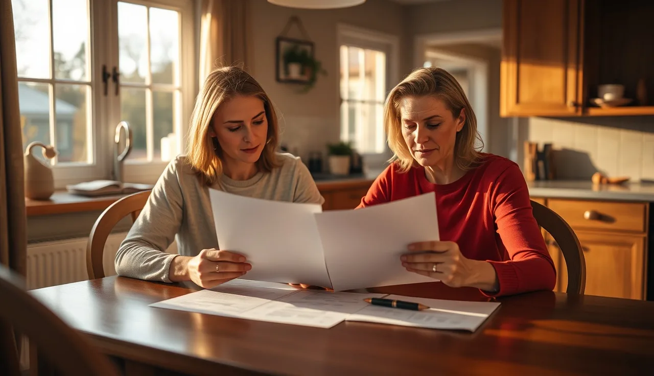 Two spouses reviewing a separation agreement together at a kitchen table