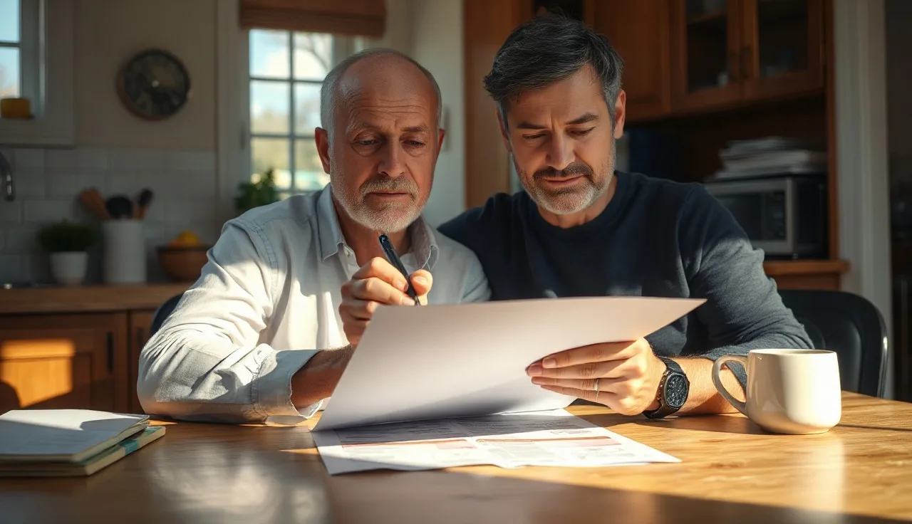 Two adults reviewing a separation agreement at a sunlit kitchen table