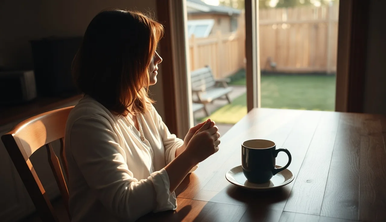 Woman sitting alone at kitchen table with coffee, contemplating Texas divorce alimony options