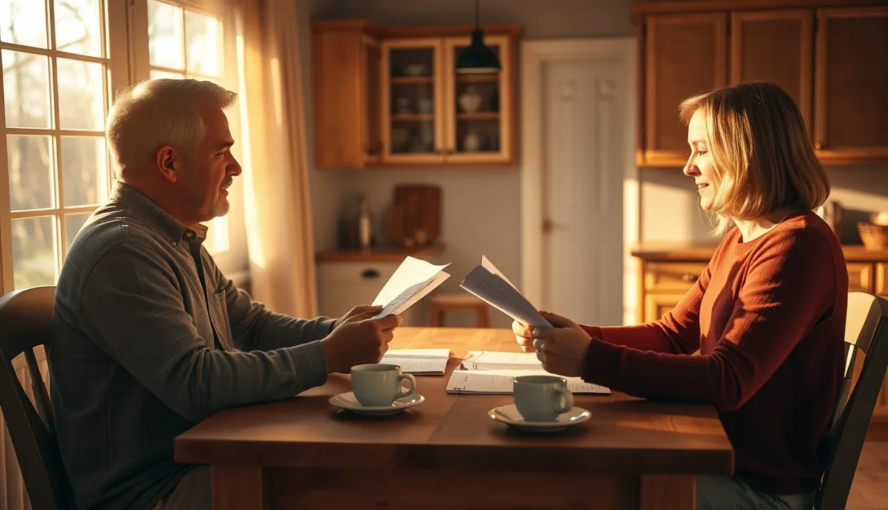 Two spouses reviewing financial separation agreement documents at a kitchen table