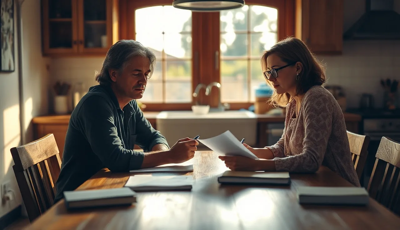 Two people reviewing a separation agreement at a kitchen table with afternoon light