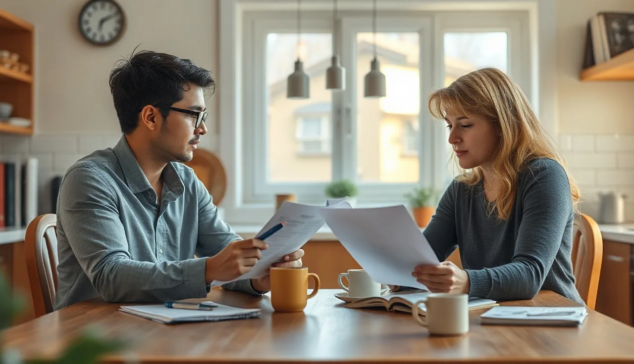 Two people reviewing separation agreement documents at a kitchen table