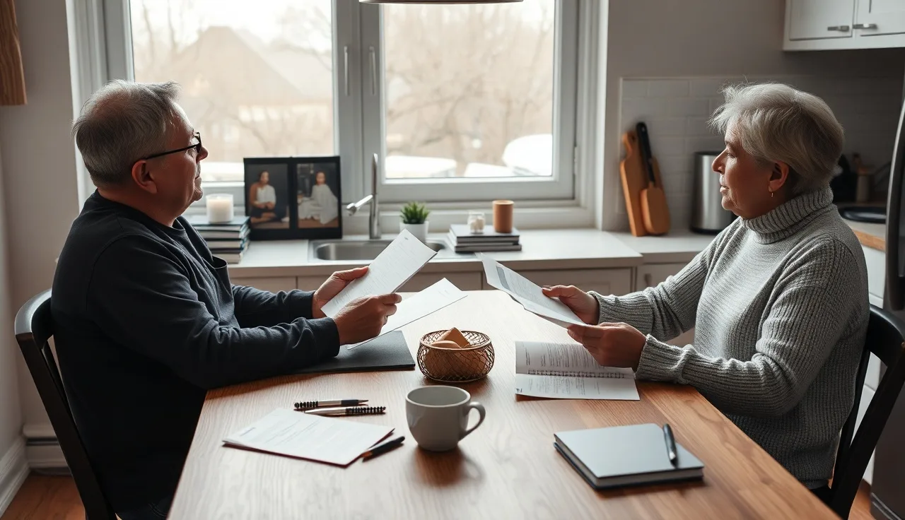 Two spouses reviewing property division documents at a kitchen table during an uncontested divorce