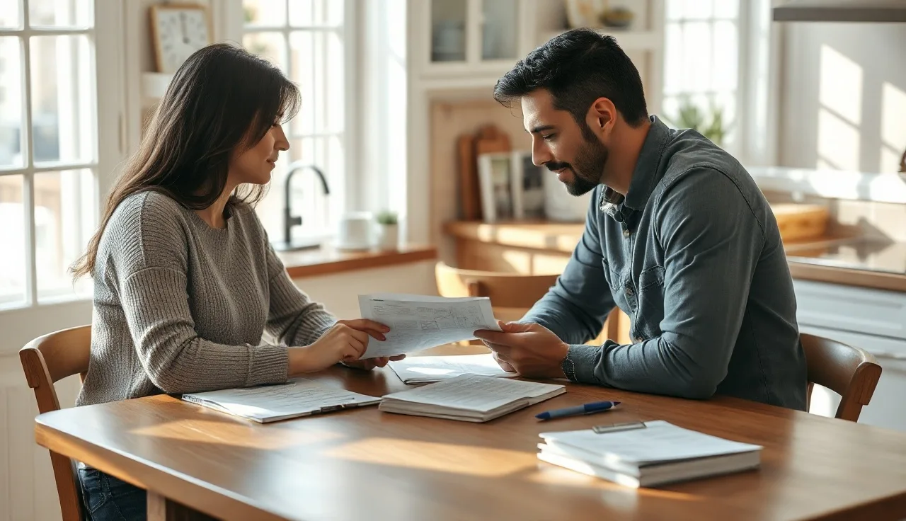Two people at a kitchen table reviewing alimony settlement documents together