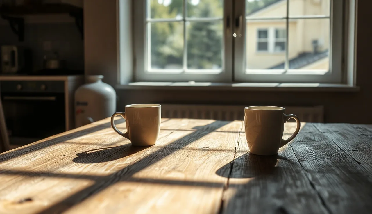 Two coffee mugs on opposite sides of a kitchen table, alimony negotiation setting