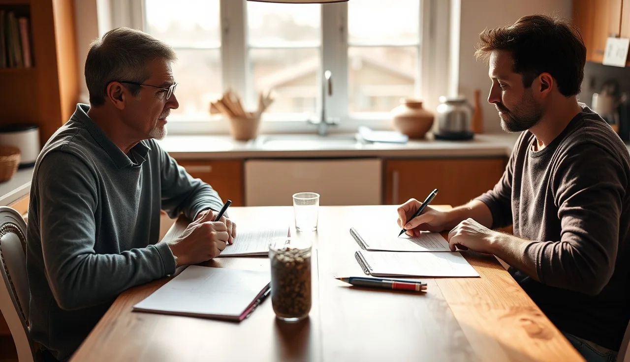 Two people reviewing handwritten financial notes at a kitchen table during divorce settlement discussion