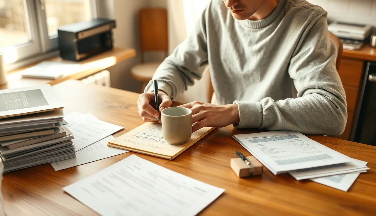 Person calculating alimony amounts by hand at a kitchen table with financial papers