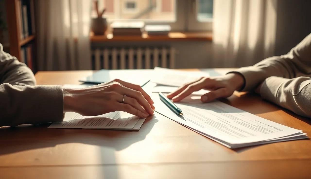 Two people reviewing financial statements at a wooden table during divorce proceedings