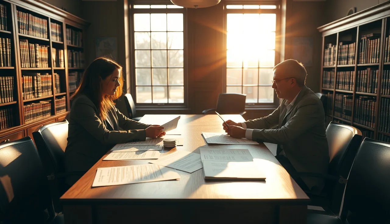 Two people reviewing pension division documents at a wooden table