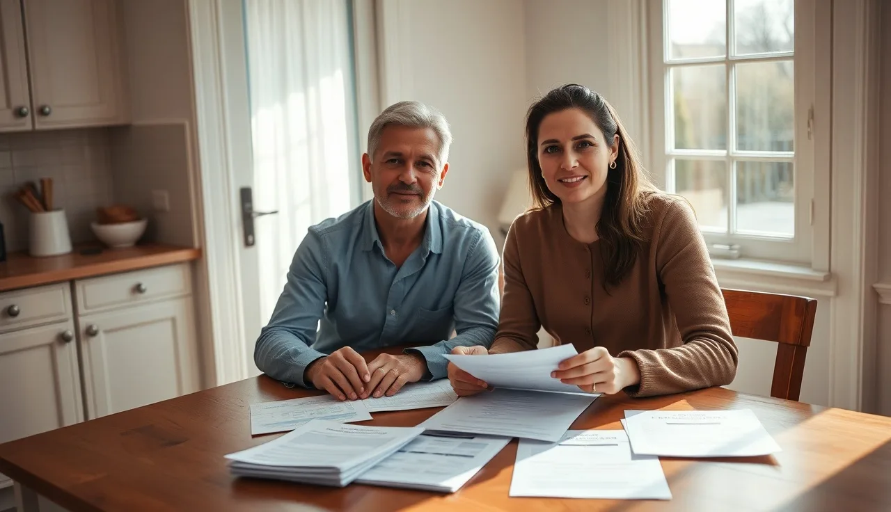 Two people reviewing financial documents at a kitchen table during divorce settlement discussions