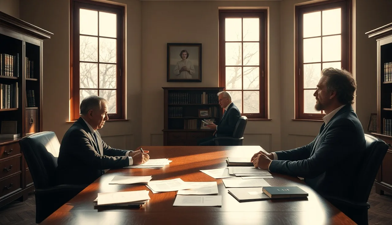 Two people in a law office meeting with an advisor reviewing documents related to a prenuptial agreement challenge