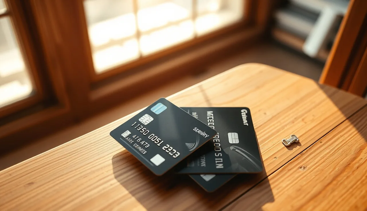 Two credit cards on a wooden table symbolizing joint accounts being separated before divorce