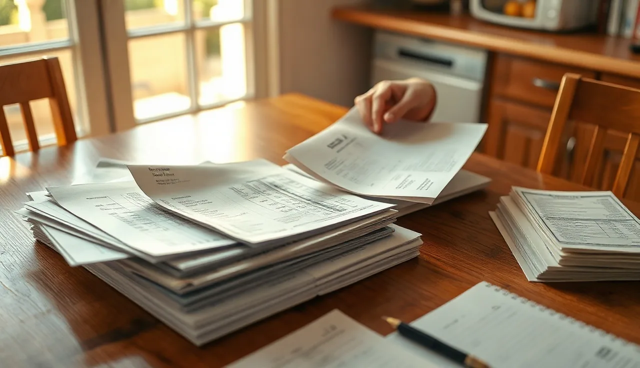 Hands organizing financial documents at a kitchen table for a divorce disclosure form