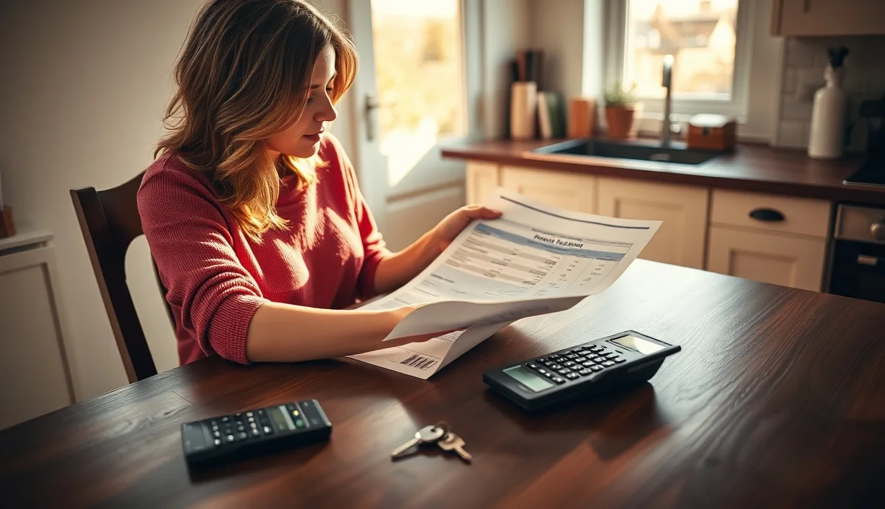 Woman reviewing home buyout paperwork at kitchen table with house keys