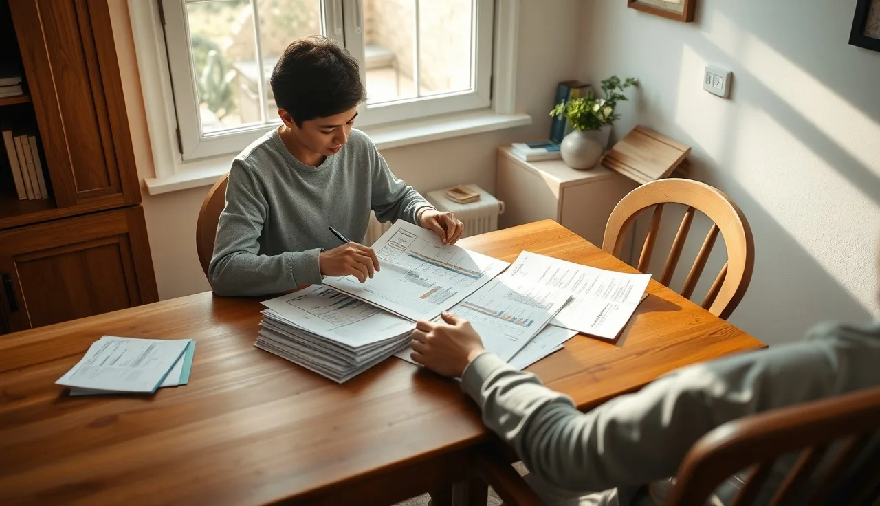 Person reviewing financial documents at a kitchen table for divorce proceedings