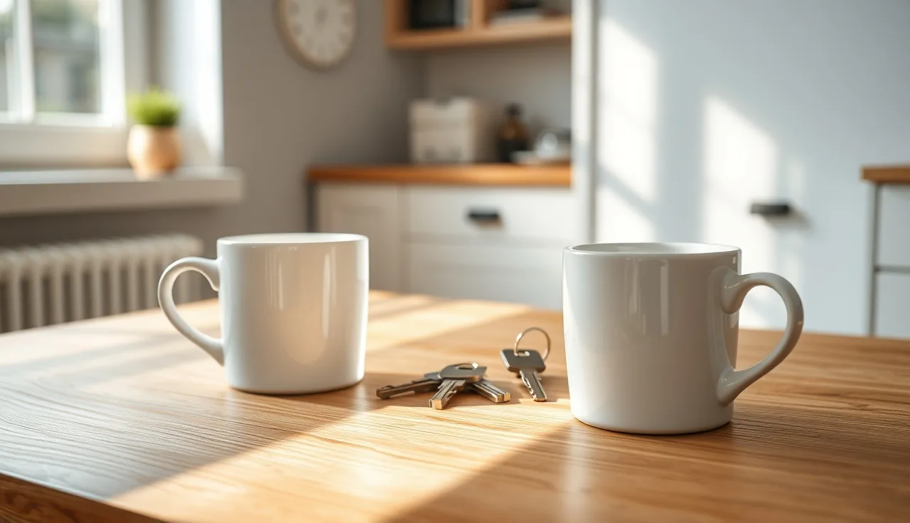 Two coffee mugs and house keys on a kitchen table symbolizing divorce asset division