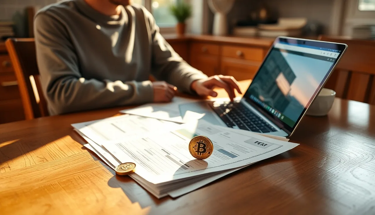 Person reviewing divorce financial documents next to a physical Bitcoin coin at a kitchen table