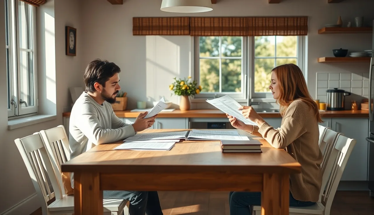 Two people reviewing divorce documents at a kitchen table in natural light
