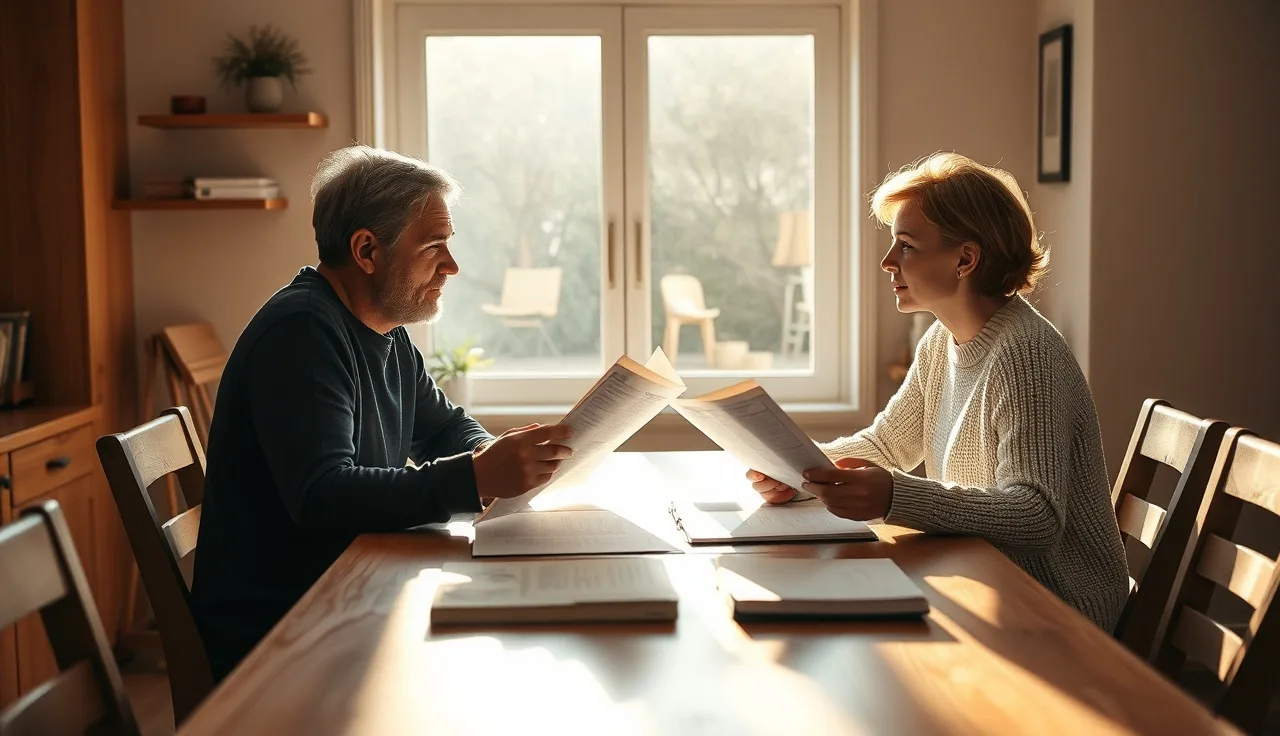 Two people reviewing divorce settlement documents at a kitchen table