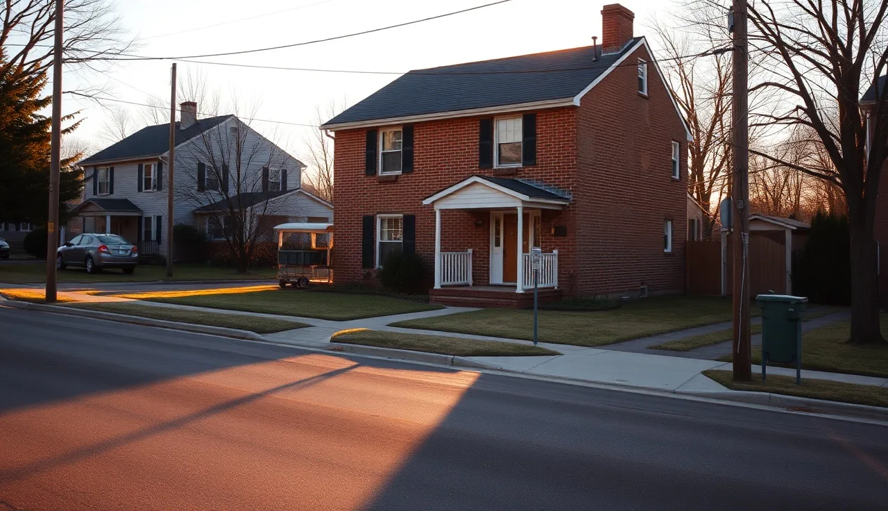 Quiet residential street with brick house at golden hour, symbolizing family home in divorce