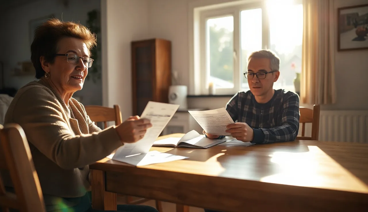 Two people reviewing financial documents at a kitchen table during divorce proceedings