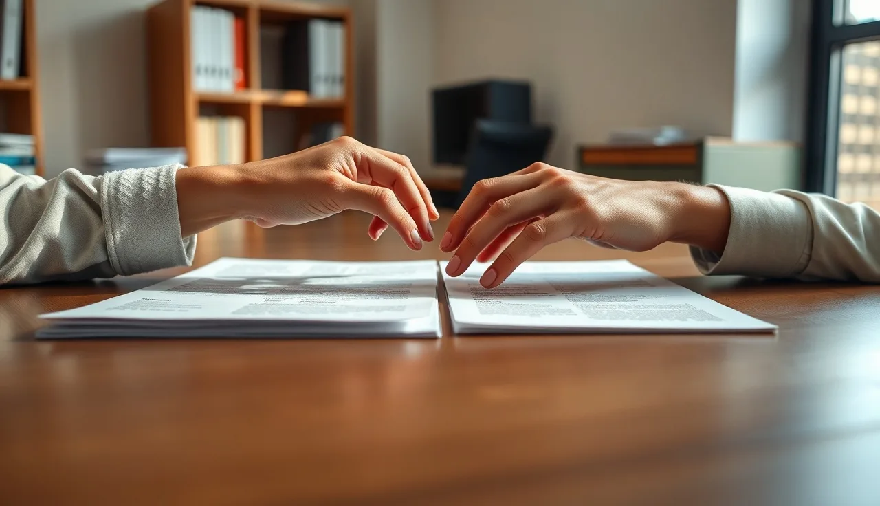 Two people at a table reviewing pension division documents during divorce proceedings