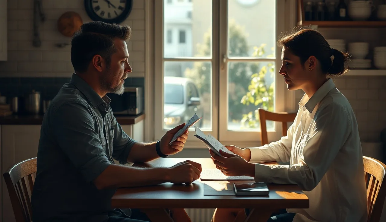 Two people reviewing business financial documents at a wooden table in a small kitchen