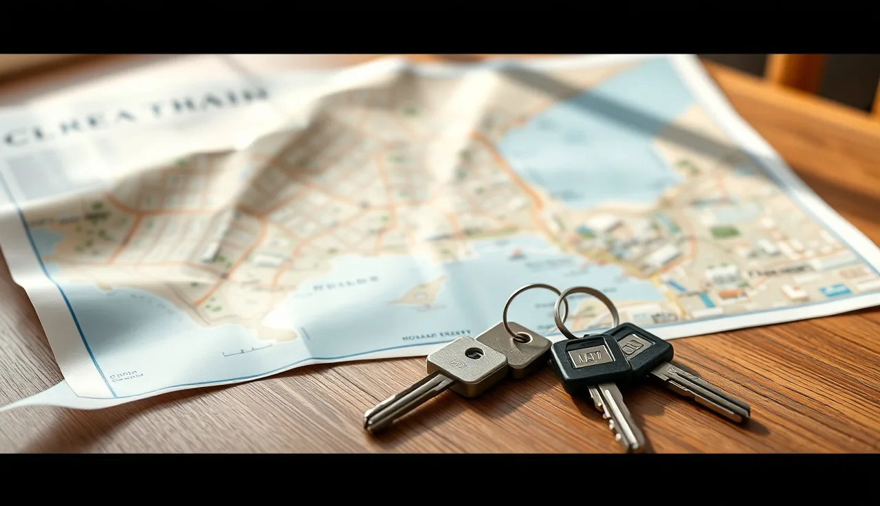 Two sets of keys on a wooden table beside a coastal resort map during divorce property division