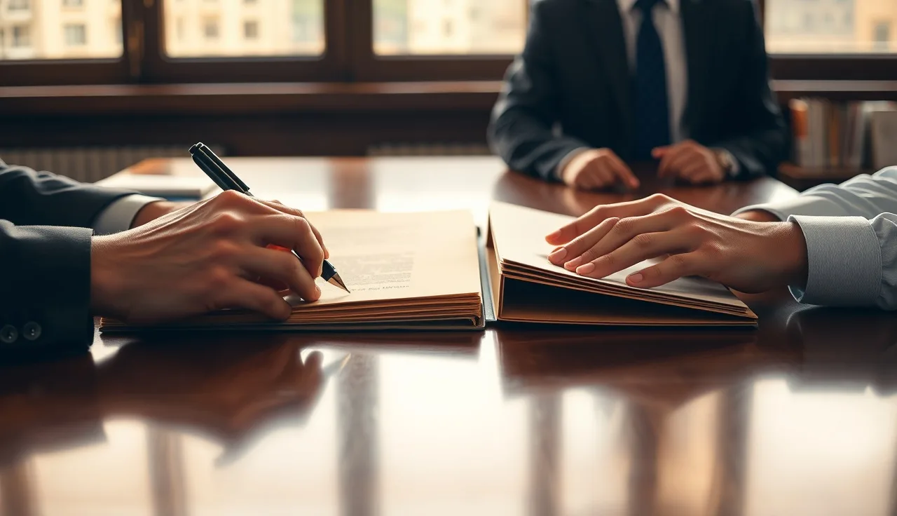 Two people at a table during an annuity division discussion in a legal office